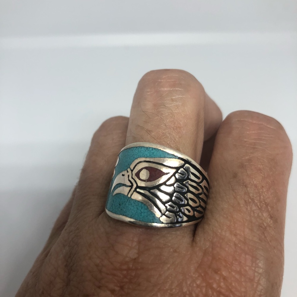 Vintage Southwestern Turquoise Inlay Hawk Ring - Picture 4 of 6